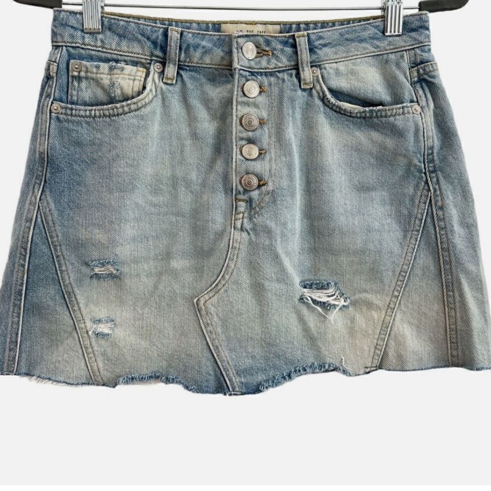 We The Free | FP Denim Mini Distressed Skirt Button Fly Medium Wash | 27
